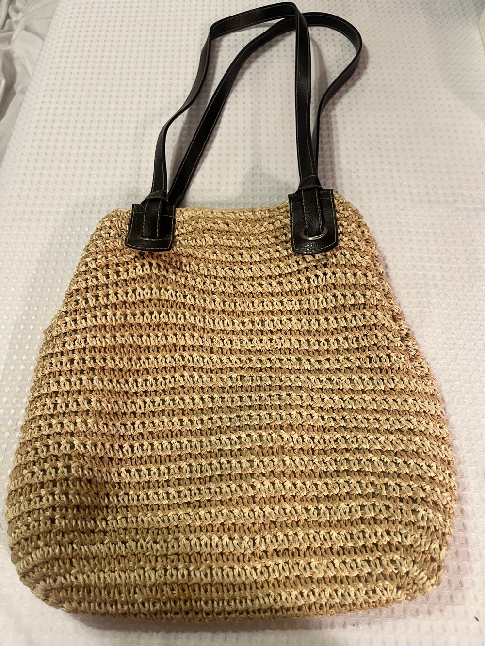 Natural Woven Shoulder Bag with Black Straps